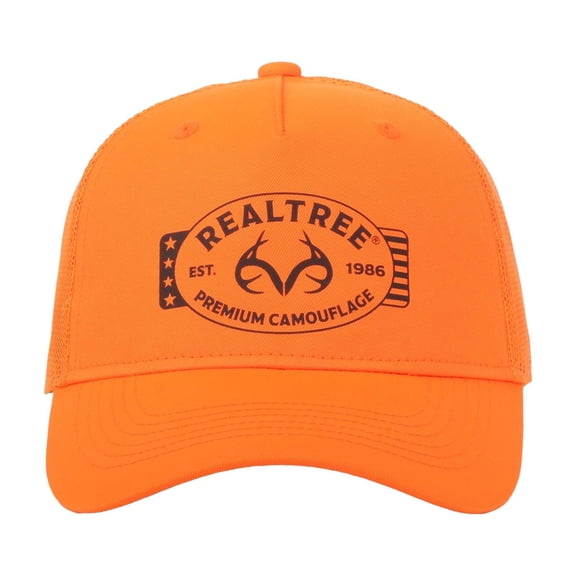Realtree Structured 5-Panel Trucker Hat Blaze Orange Screen Print Antlers Meshback Cap, One Size