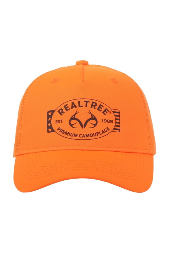 Structured 5-Panel Trucker Hat Blaze Orange Screen Print Antlers Meshback Cap, One Size
