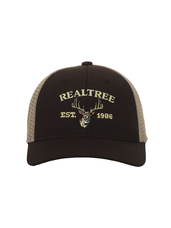 Structured 6-Panel Trucker Hat Embroidered Antlers Logo, Expand-A-Band Meshback Cap, Brown/Khaki, One Size