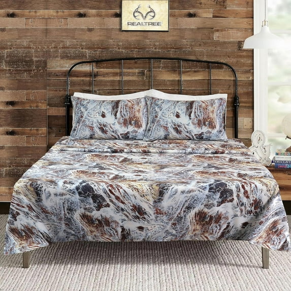 Realtree Aspect Camouflage Bed Sheets - 4 Piece Camo Bedding King - Premium 100% Cotton Water Camo Sheet Set - Machine Washable Outdoor Bedding Set (King Size)