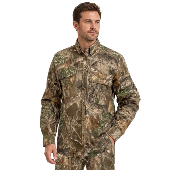 Realtree Men's Hunting Button Down Long Sleeve Camp Shirt, EDGE Camo, L