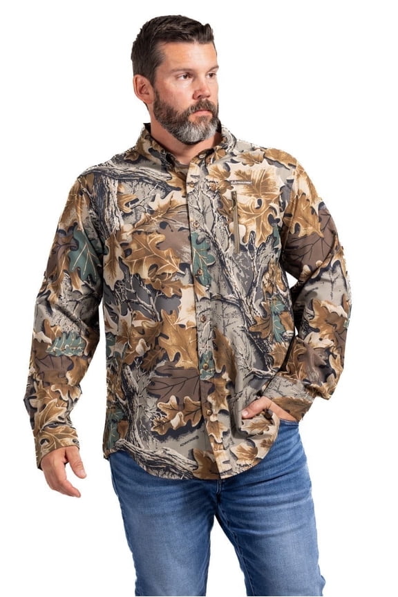 Men's Long Sleeve Button-Down Hunting Shirt, AC Camo, Lightweight Outdoor Wear, Size XL