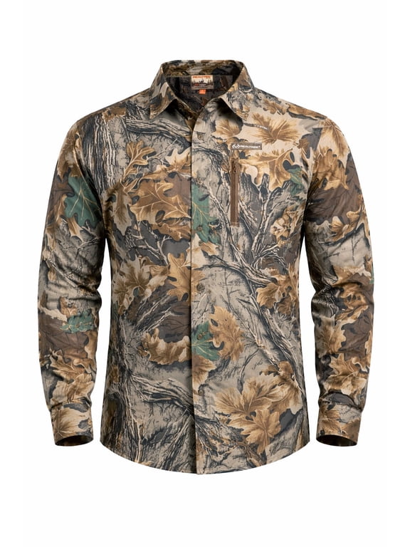 Men's Hunting Long Sleeve Button-Down Shirt, Classic Camo, Lightweight, XL