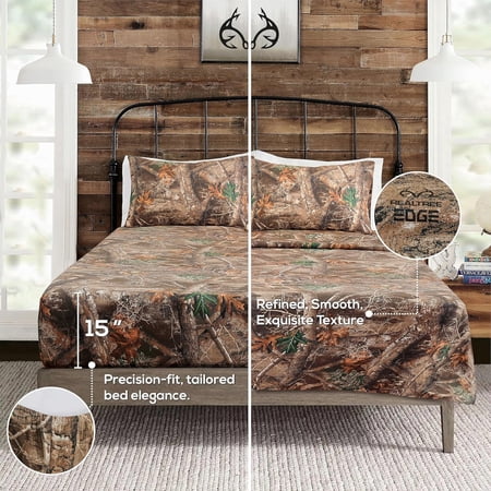 VISI-ONE Realtree Edge Queen Camo 4 Piece Sheet Set – Lightweight, Cooling, Wrinkle-Free Microfiber 15" Deep Pockets Sheets, Unisex Rustic Western Farmhouse Style Made to Complement All Living Spaces