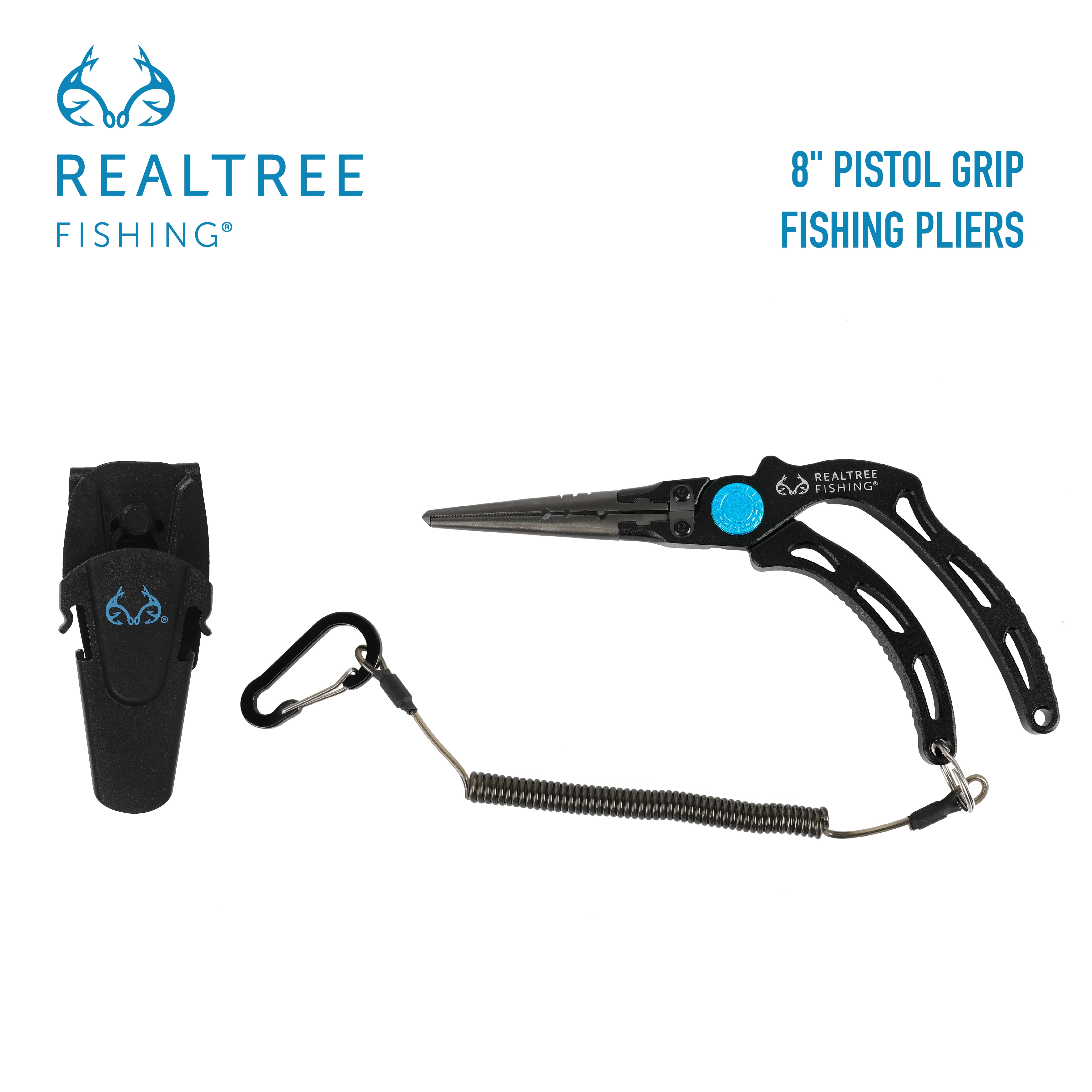Spring loaded pliers with belt clip holster, fish gripper, 5 to 8