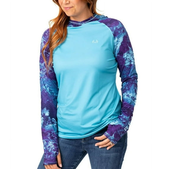 Realtree Fishing Camo Women's Purple Hooded Lightweight Sun Shirt, Size XS-2XL