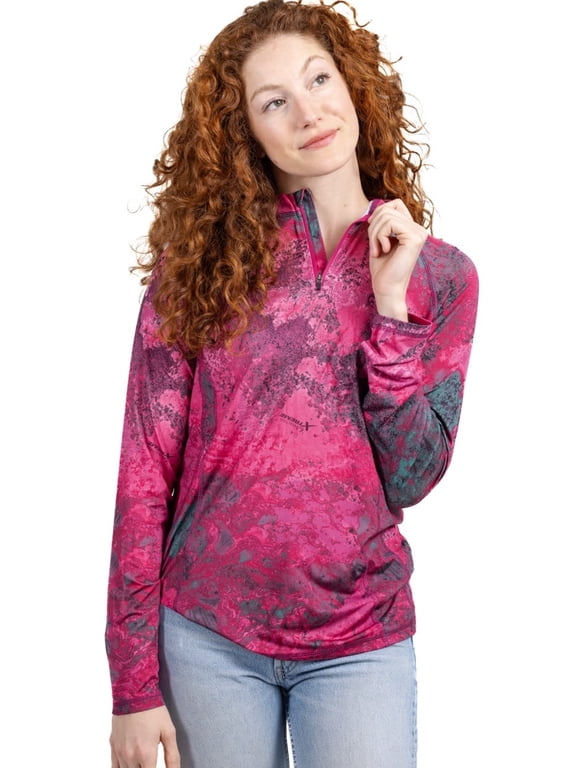 Fishing Xtreme Camo Women's Magenta 1/4 Zip Jacket Shirt | UPF 50+ | Size L