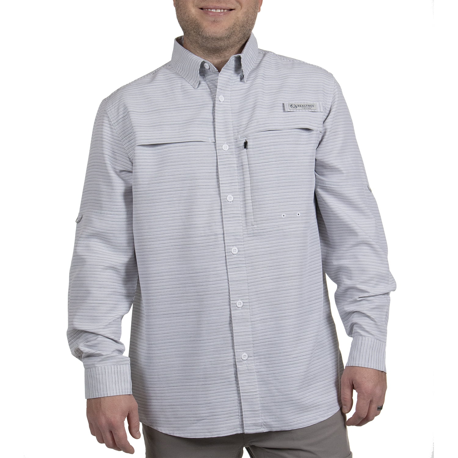 Realtree Long Sleeve Fishing Guide Shirt, Gray Stripe, Size Small