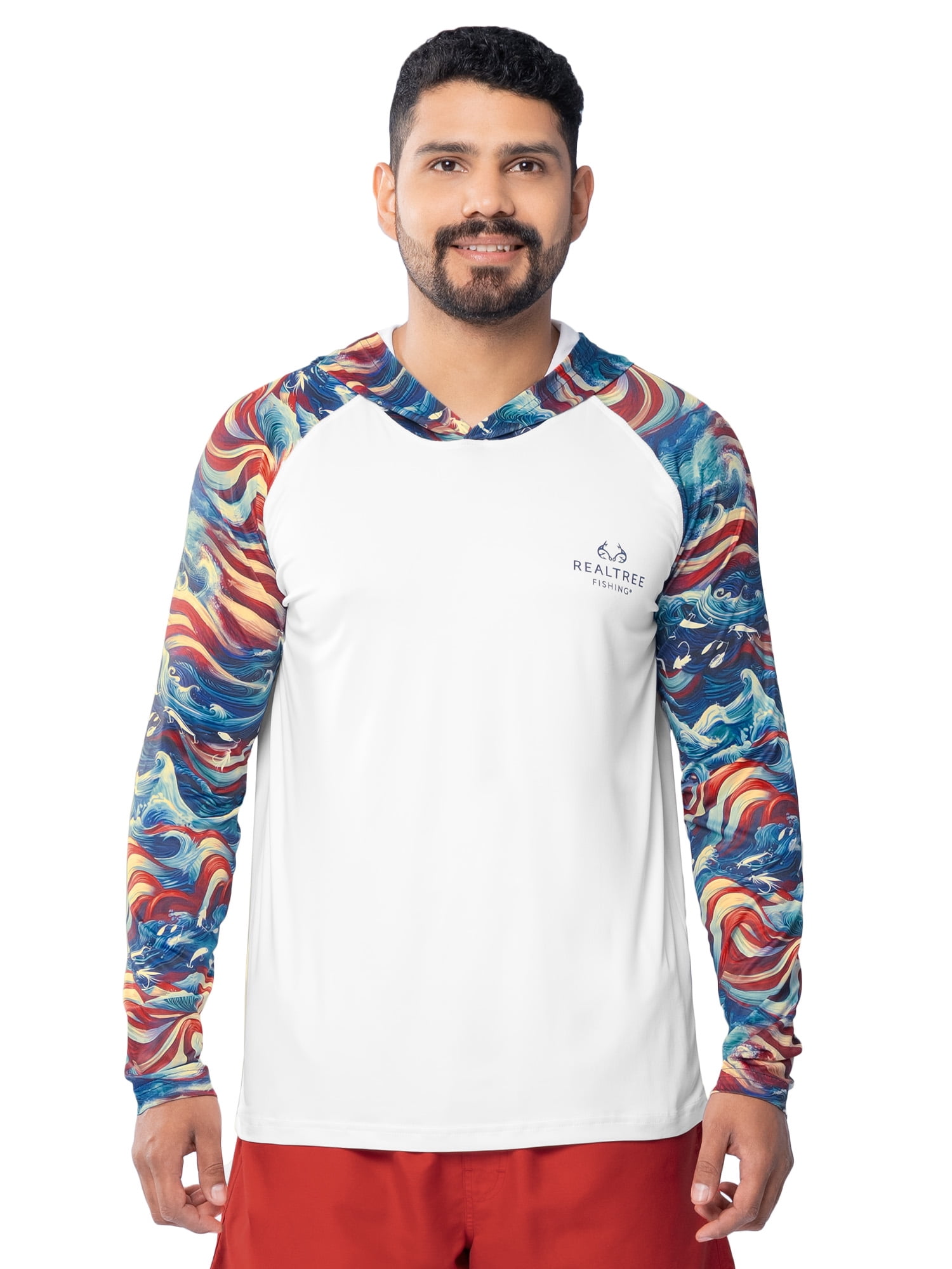 Realtree Men's Fishing Flex Americana UPF30 Long Sleeve Performance Hooded Shirt, Size S-3XL