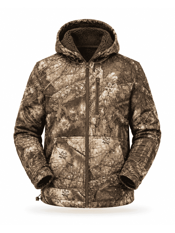 Hunting High Pile Fleece Hoodie Jacket , APX Camo For Men and Women, L