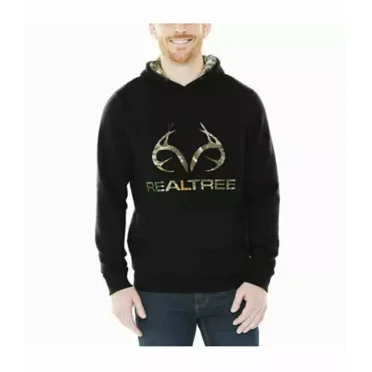 Realtree Men's Logo Cotton Blend Fleece Pullover Hoodie Sweater (Black, Large)