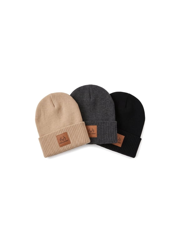 Men's Rib-Cuff Knit Beanies, 3-Pack, Khaki/Charcoal/Black