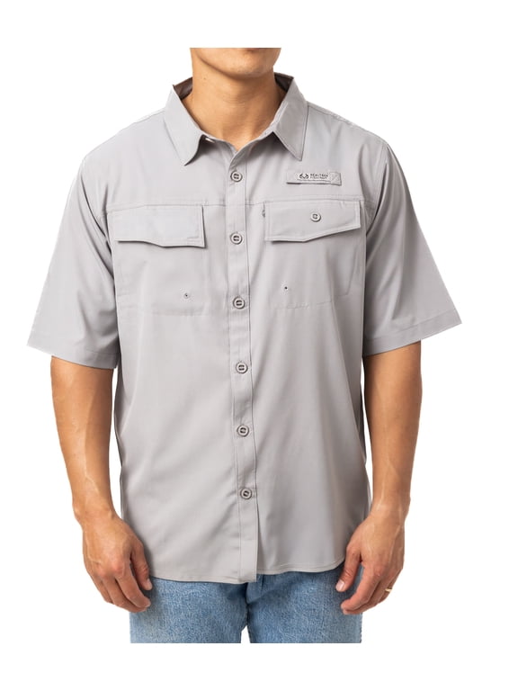 Men’s Short Sleeve Button-Down Camp Shirt, 4-Way Stretch, UPF 50+ Sun Protection, Vented Back, Zipper Pocket, Dark Gray | Size L