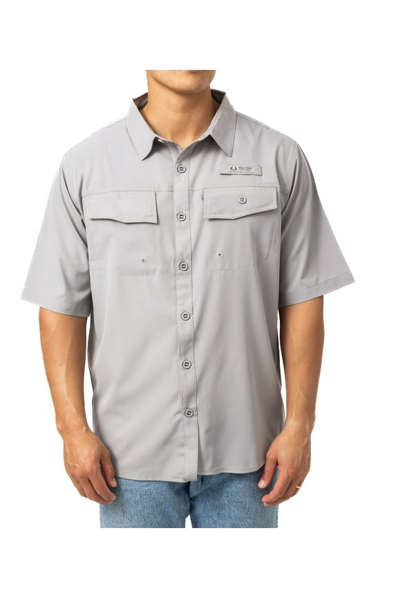 Men’s Short Sleeve Button-Down Camp Shirt, 4-Way Stretch, UPF 50+ Sun Protection, Vented Back, Zipper Pocket, Dark Gray | Size L