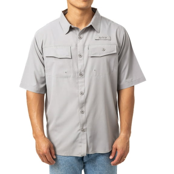 Realtree Men’s Short Sleeve Button-Down Camp Shirt, 4-Way Stretch, UPF 50+ Sun Protection, Vented Back, Zipper Pocket, Dark Gray | Size S