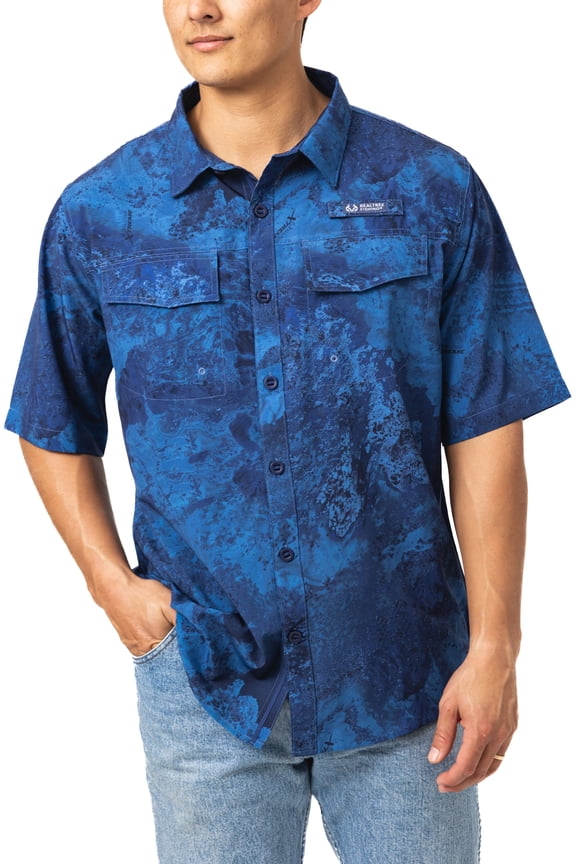 Men’s Short Sleeve Button-Down Camp Shirt, 4-Way Stretch, UPF 50+ Sun Protection, Vented Back, Zipper Pocket, Extreme Blue | Size S