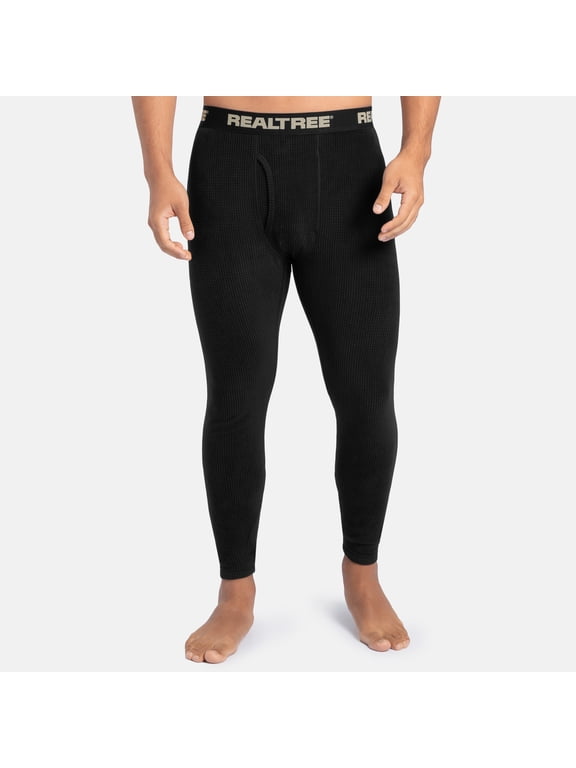 Men's Waffle Grid Fleece Base Layer Thermal Bottom, Black, L