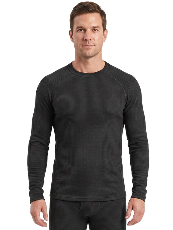 Men's Waffle Grid Fleece Base Layer Thermal Top, Black, XL