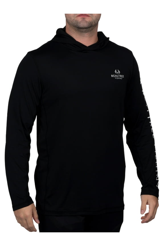 Mens Long Sleeve Jersey Recycled Polyester UPF Scent Control Black Hoodie- 2XL