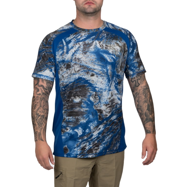Realtree Mens Short Sleeve Jersey Recycled Polyester UPF Scent Control Blue  Performance Tee- M
