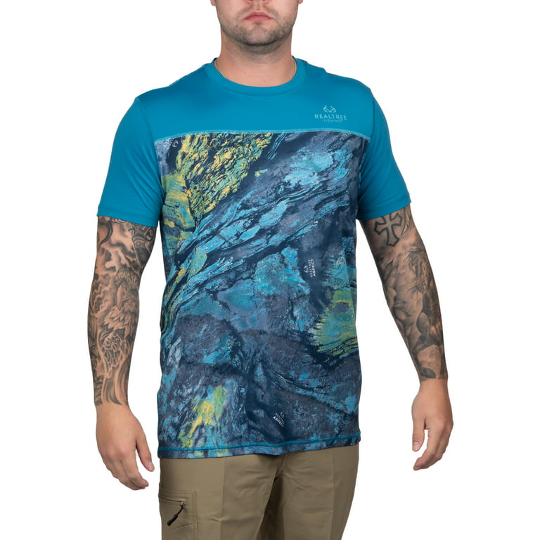 Realtree Mens Short Sleeve Jersey Recycled Polyester UPF Scent Control  Sapphire Teal Performance Tee- S