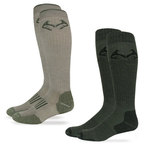 Realtree Mens Socks, 80% Merino Wool Elimishield Wicking Tall Over the Calf Boot Sock System, 2 Pairs