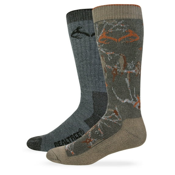 Realtree Mens Socks, Camo Merino Wool Outdoor Cushion Boot Mid Calf Socks, 2 Pair