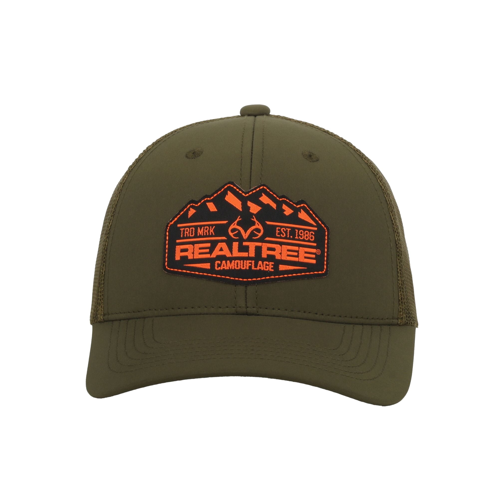 Realtree Structured 6-Panel Trucker Hat – Woven Logo Meshback Cap, Olive, One Size