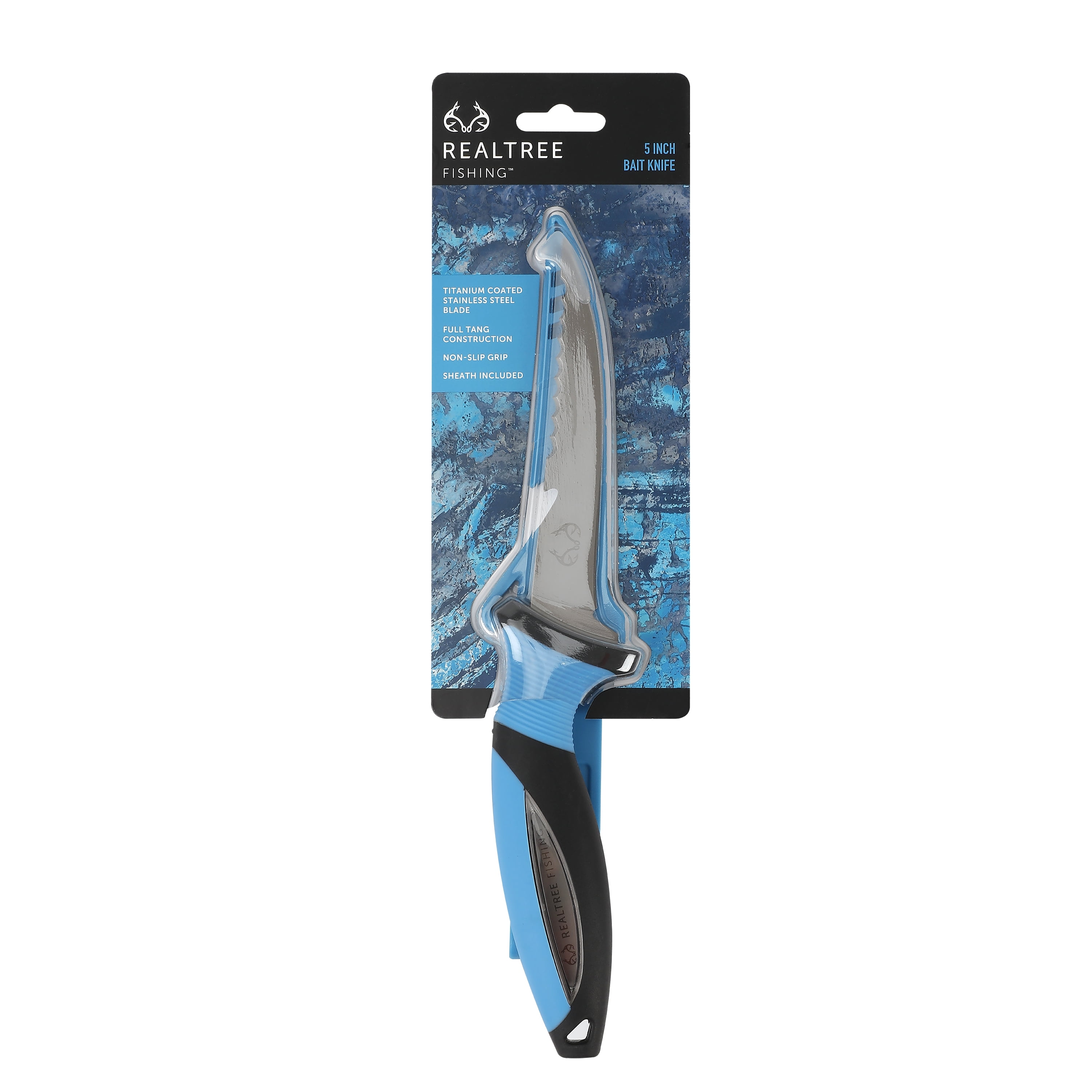 Realtree Stainless Steel Fishing Bait Knife, 5 Blade Length, Black and  Blue 
