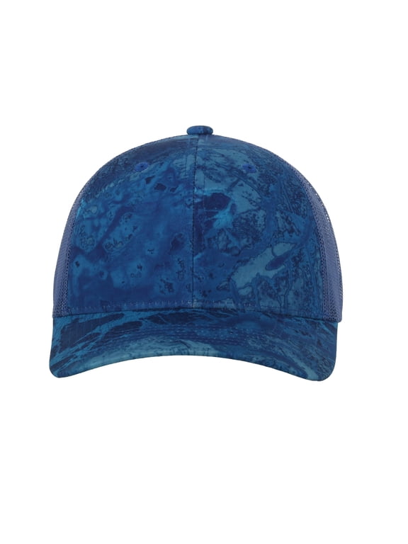 Fishing WAV3 Blue Camo Trucker Hat Mid Profile Mesh Back Snapback, One Size
