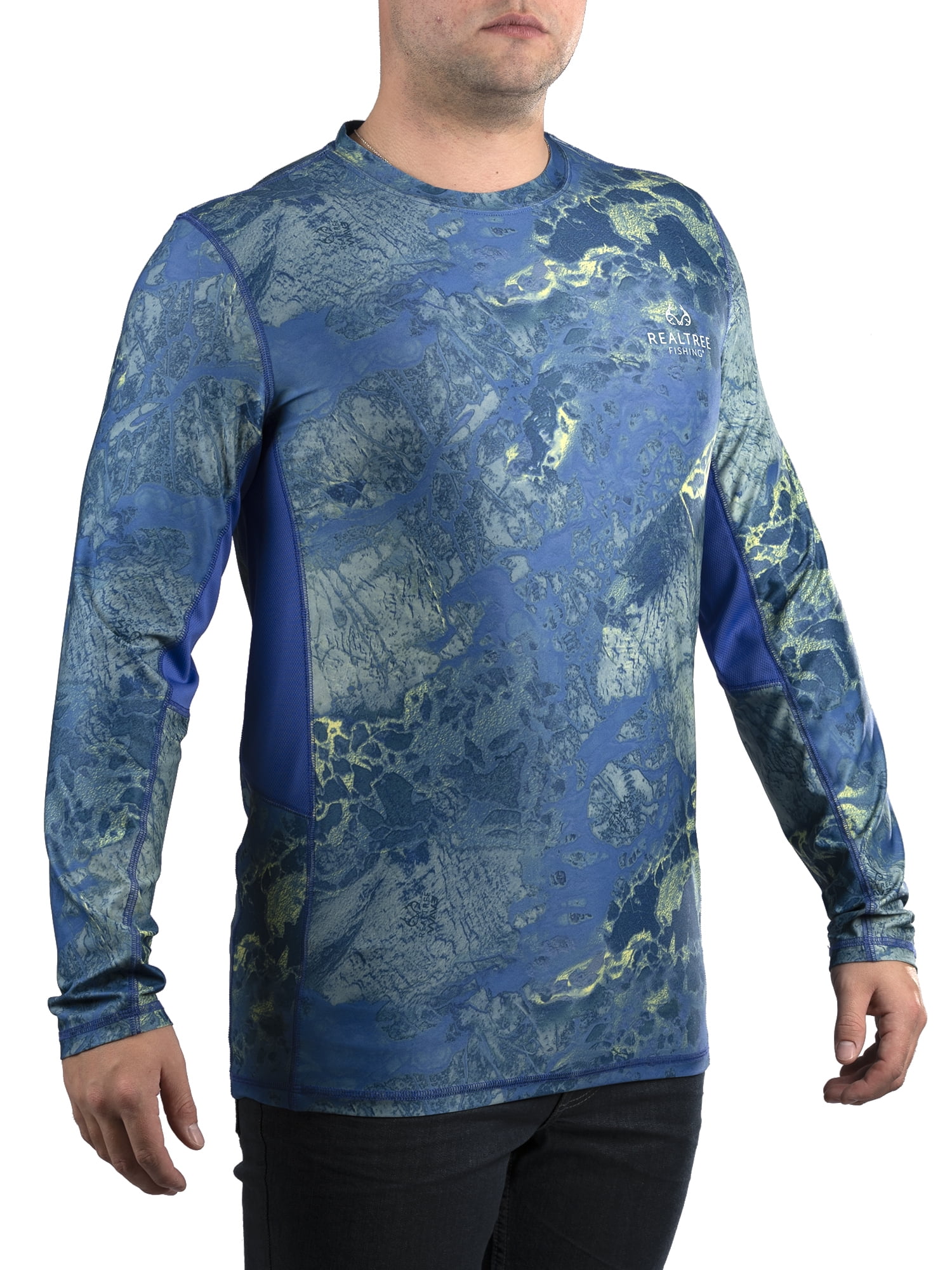 Realtree Wav3 Blue Yellow Men's Long Sleeve Performance Fishing T-Shirt