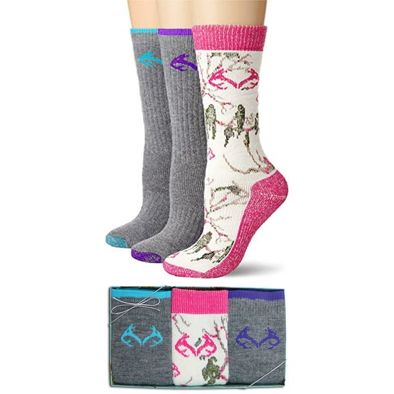 Realtree Womens Socks, Gift Box Merino Wool Warm Thermal Camo Cushion Tall Mid Calf Boot Socks, 3 Pair