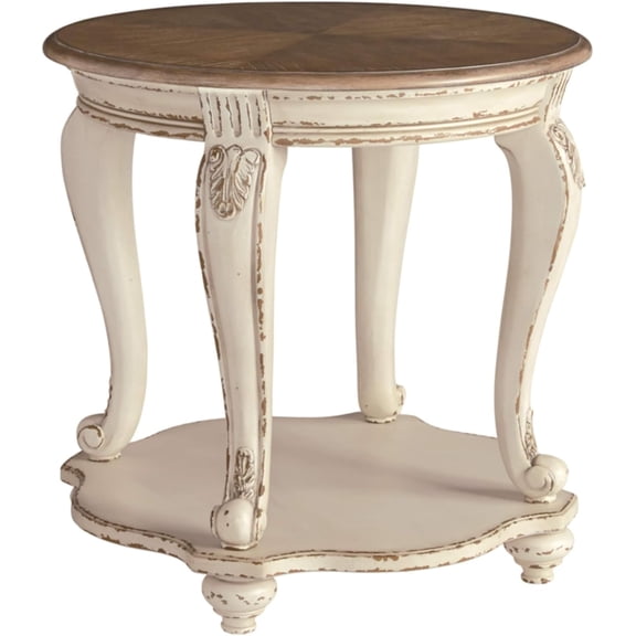 Realyn Cottage Style Round End Table, Fixed Lower Shelf, Antiqued 2-tone, Finish, Wood, 26" W x 26" D x 25.88" H, White and Brown