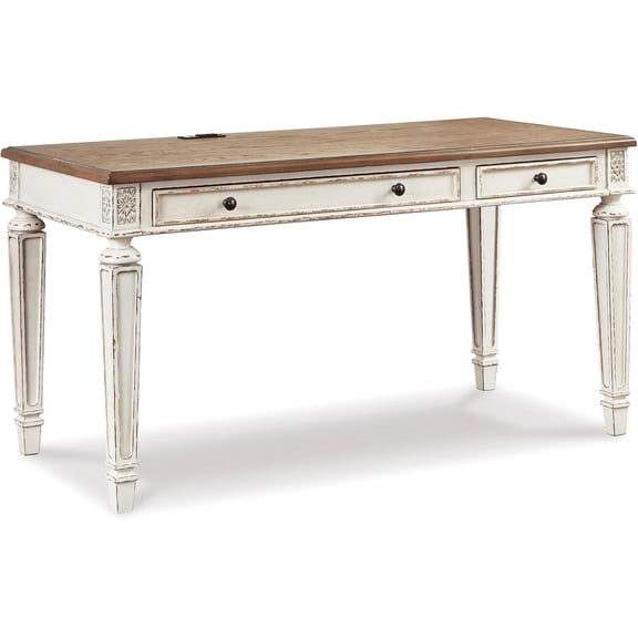Realyn Farmhouse Home Office Desk, 2 Drawers, Drop-down Drawer, USB Charging, Wood, 60" W x 28" D x 31" H, Chipped White and Brown