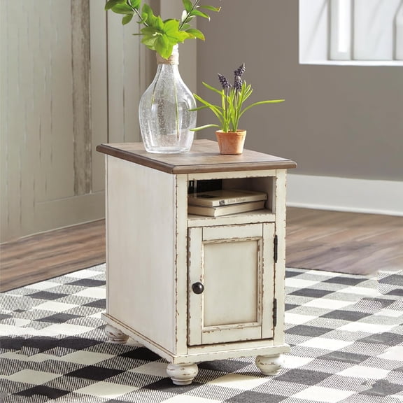 Realyn French Country Chair Side End Table with Storage and USB Ports, Cream Wood Accent Table for Living Room