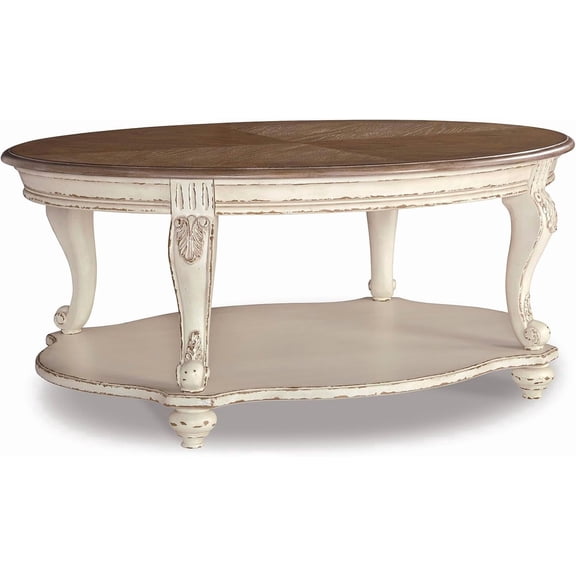 Realyn Oval Coffee Table, White/Brown | Antiqued two-tone wood, Fixed lower shelf, 48" width, Farmhouse style, Living room centerpiece