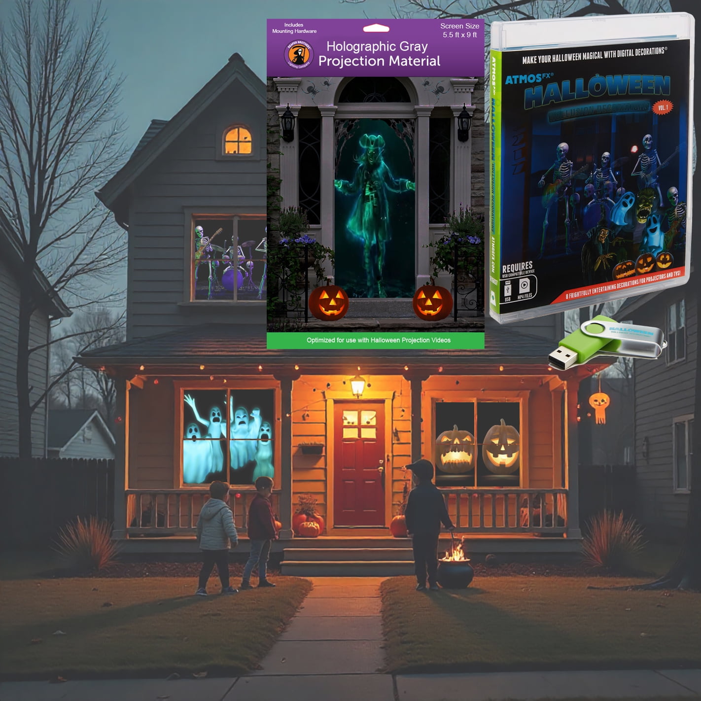Reaper Brothers Halloween Hollusion Digital Decoration Kit Includes 8 AtmosFX Video Effects for Halloween Plus 5.5' x 9' Holographic Projection Screen