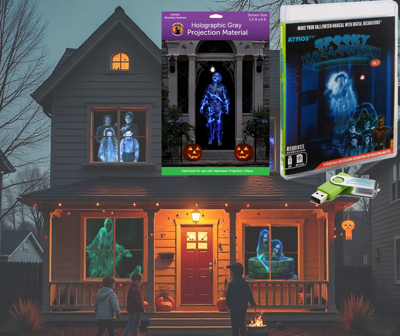 Reaper Brothers Spooky Halloween Hollusion Digital Decoration Kit Includes 8 AtmosFX Video Effects for Halloween Plus 5.5' x 9' Holographic Projection Screen