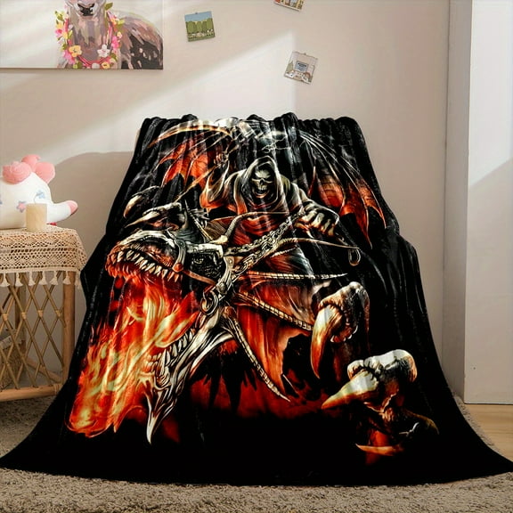 Reaper and Fire-Breathing Dragon Print Flannel Throw Blanket - Non-Woven, 100% Polyester, All-Season, Digital Printing, Lightweight, Soft, High-Quality