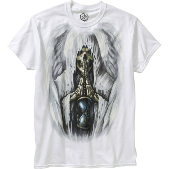 Teelocity Men's Winged Grim Reaper with Hour Glass White Relaxed Fit Short Sleeve Graphic T-Shirt