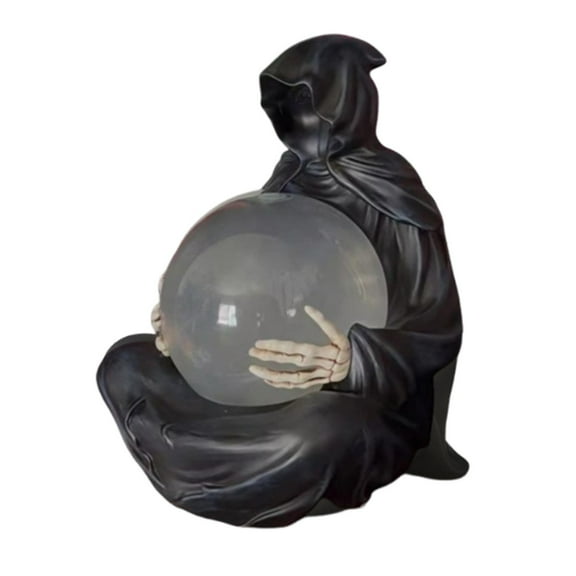 Reaper Statue Death God's Figurine Scary Sculpture with LED Glowing Ball for Halloween Home Decor Desktop Garden