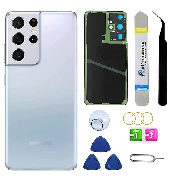 Rear Back Glass Replacement for Samsung Galaxy S21 Ultra 5G with Pre-Installed Adhesive and Repair Tool Kits (Phantom Silver)