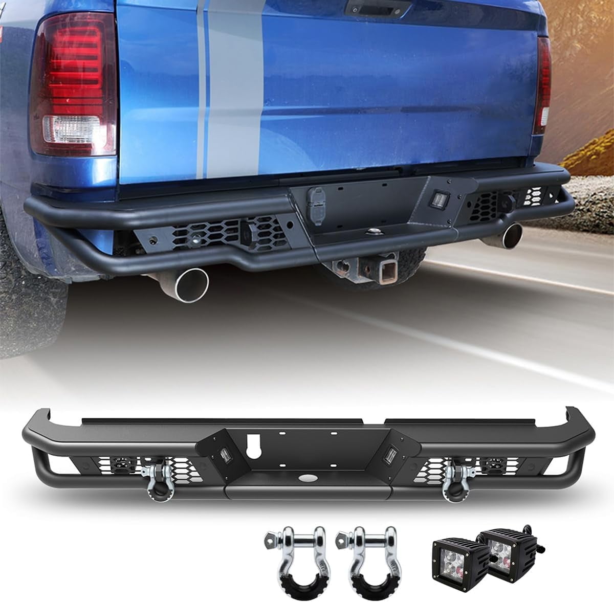 Rear Bumper for 2009-2018 Dodge Ram 1500(Including 2019-2024 RAM 1500 Classic) Heavy Duty Steel Offroad Back Bumper with D-Rings with LED Pod Lights & Licence Lamp,106 style