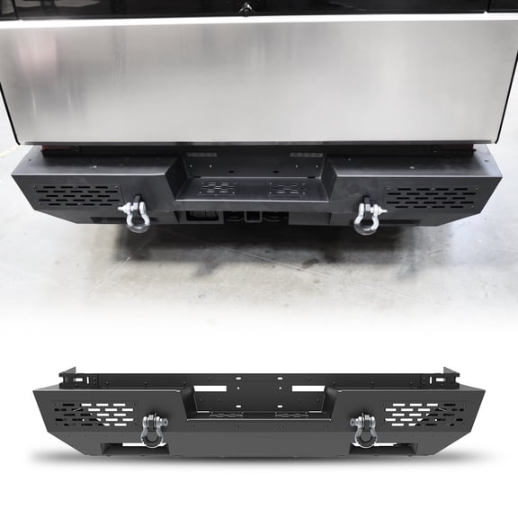 Rear Bumper for 2024 2025 Tesla Cybertruck, Heavy-Duty Steel Rear Bumper with Non-Slip Stepped Platform, Holes For Factory Tow Hitch & Trailer Plug, Mounts & D-Ring and Horn Mounting Hole