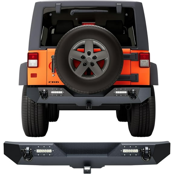Rear Bumper Compatible with 2007-2018 Wrangler JK & Unlimited JKU (2/4 Doors), Rock Crawler Off Road Full Width Bumper with 2 LED Lights & 2 x D-Rings