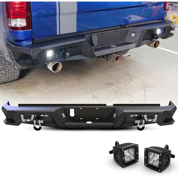 Rear Bumper Compatible with Dodge Ram 1500 2009-2018,RAM 1500 Classic 2019-2024,Paintable Offroad Back Bumper with LED Pod Light with Licence Lamp/D-Ring Shackles,Style 5