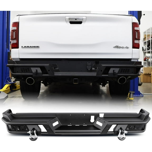 Rear Bumper Compatible with RAM 1500 2019-2024(Exclude Classic Model),Paintable Offroad Back Bumper with LED Pod Light/Licence Lamp Hole/D-Ring Shackles,Style 1
