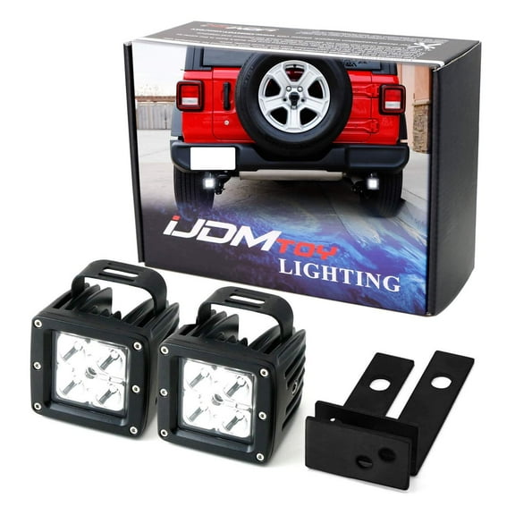 Rear Bumper Searchlight Reverse LED Pod Lights For Jeep 2018-up Wrangler JL, Includes (2) 20W High Power LED Pods, Rear Bumper Frame Mounting Brackets & Wiring Relay Harness