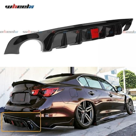 Rear Diffuser with Led Red Brake Light Compatible with 2018-2024 Infiniti Q50, Rear Bumper Spoiler Splitter Fit for 2018 2019 2020 2021 2022 2023 2024 4 Door (Glossy Black)