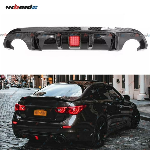 Rear Diffuser with Led Red Brake Light Compatible with 2014-2017 Infiniti Q50, Rear Bumper Fit for 2014 2015 2016 2017 (Carbon Fiber Pattern)
